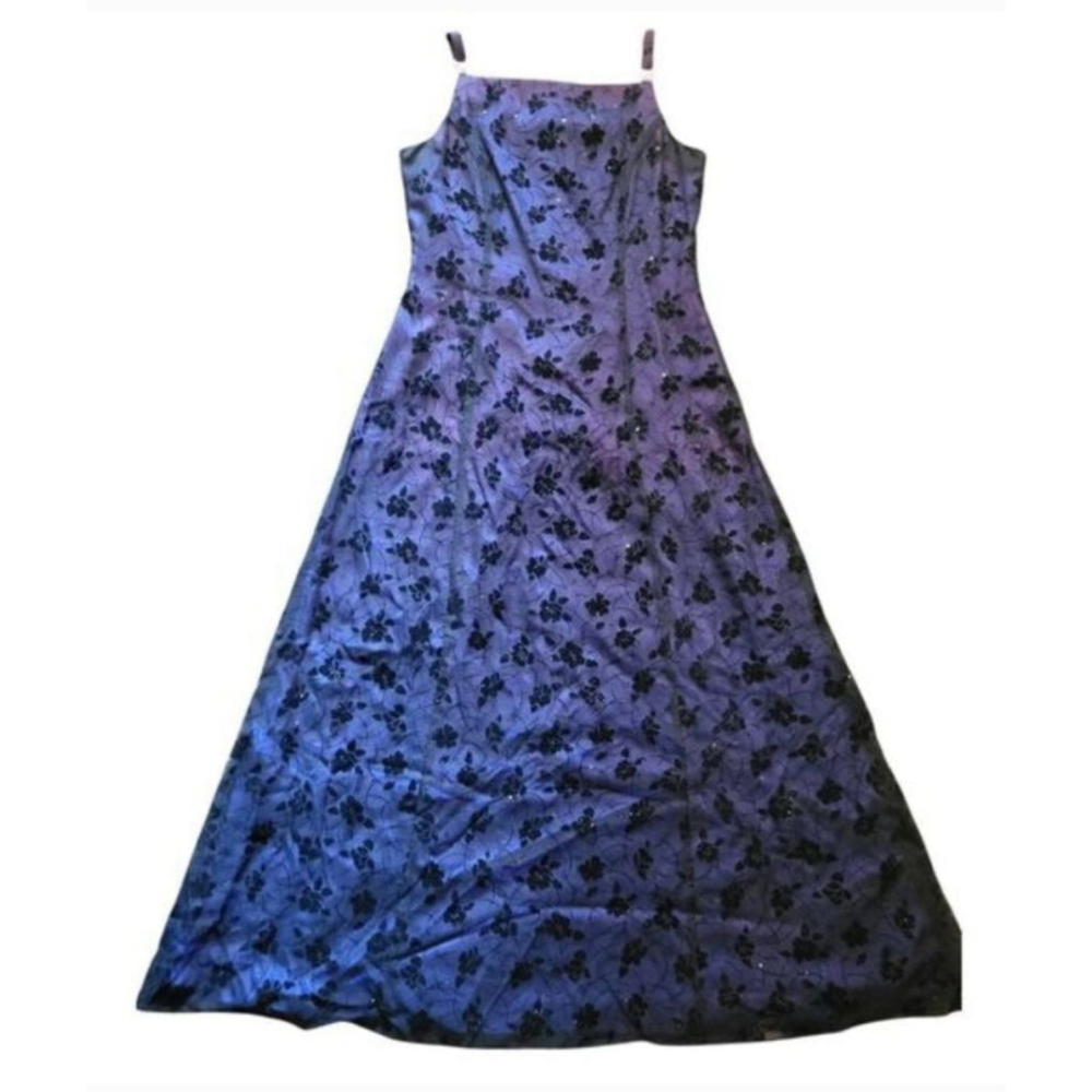 Vintage 90's Betsy & Adam Prom Dress Sz. 22W Purple with Black Floral Velvet